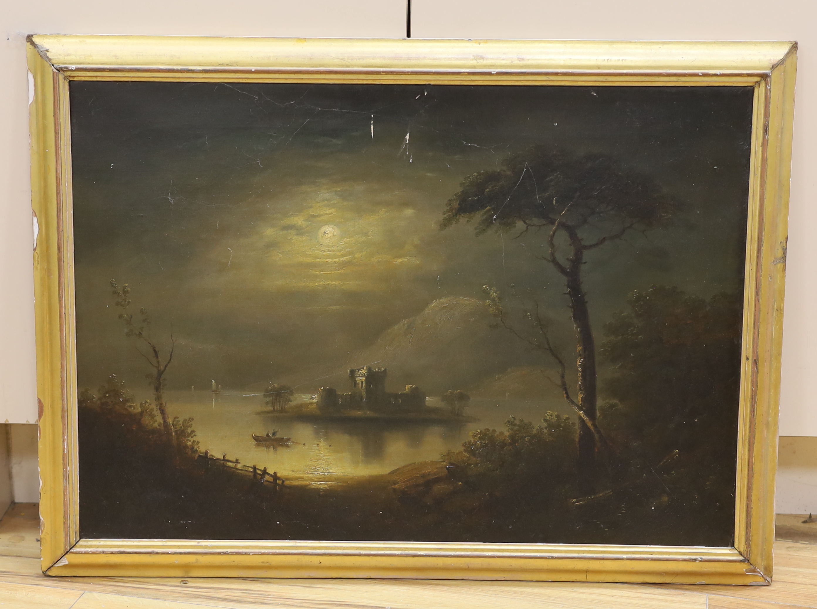 Victorian School, oil on canvas, Moonlit view of a moated castle, 52 x 75cm